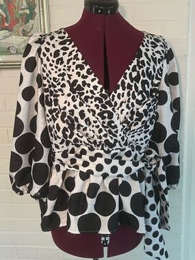 Alberto Makali Black and White Polka & Leopard Wrap Peplum Blouse